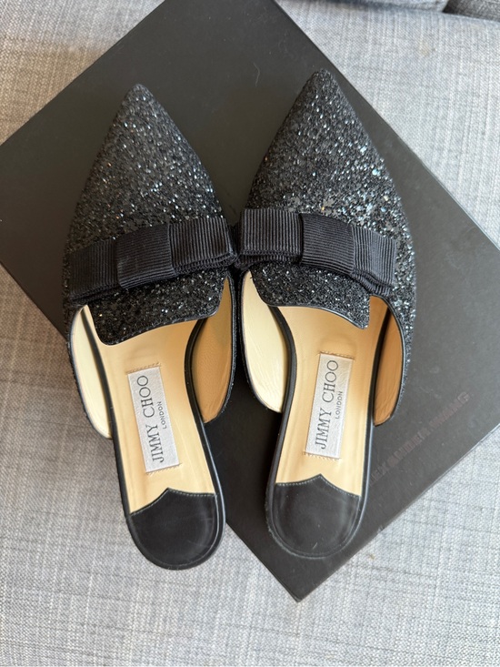 Jimmy Choo Shoes - Jimmy Choo Black Glitter Pointed Bow Backless Mules